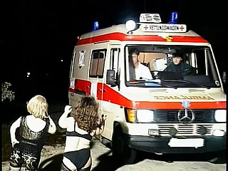 Horny midget sluts suck guy's equipment regarding an ambulance