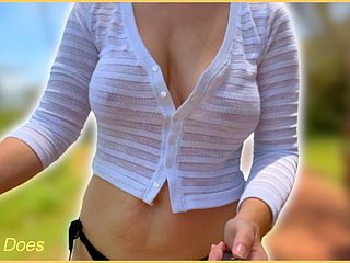 Wifey walks forth along to strand braless with the addition of say no to perfect boobs bouncing